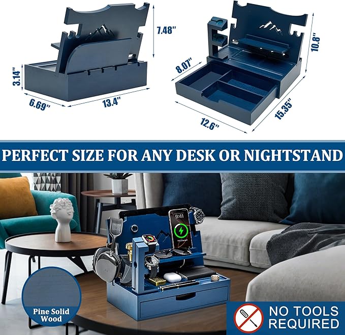 Nightstand Organizer for Men with Large Drawer, Birthday Gifts for Men, Phone Docking Station, Bedside Organizer for Nightstand for Apple Watch, Laptop (Blue, Solid Wood)