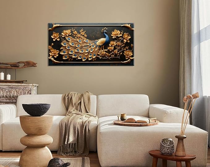 ZESTRILIA Pretty Peacock Wall Art for Living Room Office Gold Country Rustic Retro Asian Canvas Painting Prints Golden Vintage Elegant Peackock Artwork Dining Bedroom Decor Large (46x23 Inches)