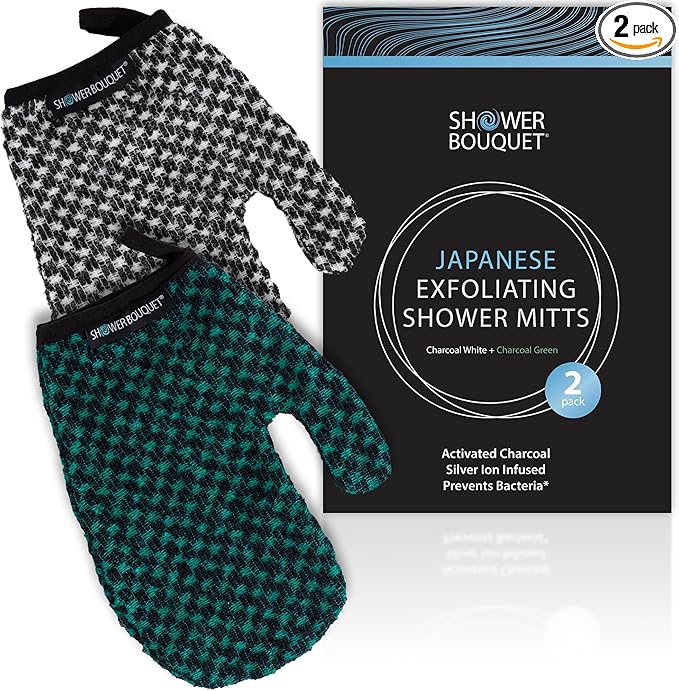 Japanese Exfoliating Mitt 2-Pack - Charcoal & Silver Ion Exfoliating Gloves for Shower - Soft Inner Fabric Gentle Exfoliation & Deep Cleansing Body Scrub Gloves for All Skin Types - 1 White, 1 Green