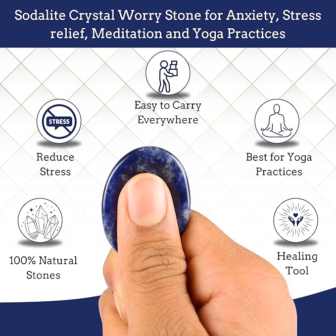 Sodalite Worry Stones – Crystal Thumb Worry Stone for Anguish, Stress – Relaxing and Soothing Balance Stones for Meditation, Stress Relief – Healing Stones and Crystals for Men and Women