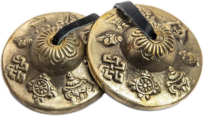 Tingsha Cymbals Bells - Easy To Play - Meditation Mindfulness Chime For Chakra Healing Spiritual Dharma Gifts Handcrafted Tibetan By Himalayan Bazaar (Asta Mangal)