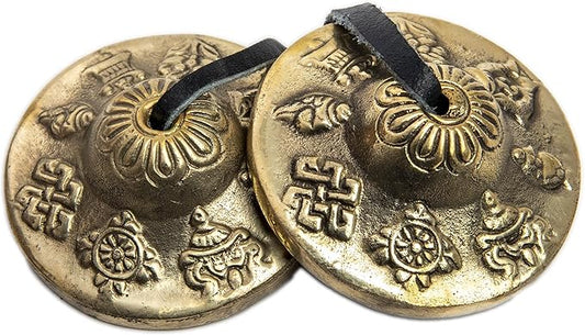 Tingsha Cymbals Bells - Easy To Play - Meditation Mindfulness Chime For Chakra Healing Spiritual Dharma Gifts Handcrafted Tibetan By Himalayan Bazaar (Asta Mangal)