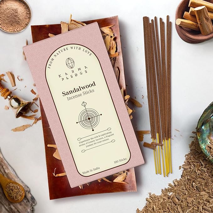 Sandalwood Incense Sticks Hand Dipped 100 Sticks with Natural Herbs & Aromatic Ingredients, Burn Time 45 to 60 Minutes, Incense for Positivity, Yoga, Meditation, Relaxation, Gift for Women