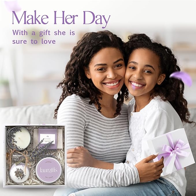 Small Lavender Spa Gift Box for Women – Relaxing Self Care Set with Candle, Bath Bomb, Soap & Scrub – Birthday, Thank You, Christmas, Housewarming, Bridal Shower, Get Well Soon Gifts for Her