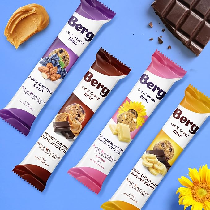 Berg Bites - Oat N' Energy Bites - Almond Butter & Jelly - Non-GMO, Gluten Free, Dairy Free, Soy Free and Vegan - Clean Energy Healthy Snack Bar - 1.5oz (8 Pack)