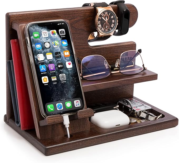 TESLYAR Wood Phone Docking Station for Men - Desktop or Nightstand Organizer - Birthday Gifts for Men, Dad - Anniversary Idea from Wife - Key Holder, Stand Wallet, Watch & Essentials (Bourbon Brown)