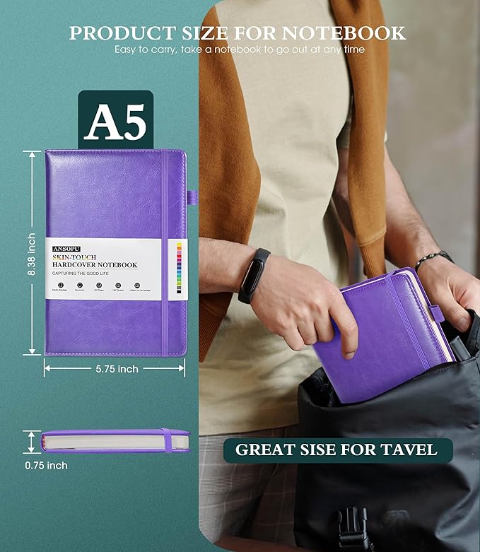 Lined Journal Notebook for Writing, A5 100 GSM Thick Paper, Leather Hardcover Journal for Woman Men, Travel Journal Diary 160 Pages(5.75'' X 8.38''Purple)