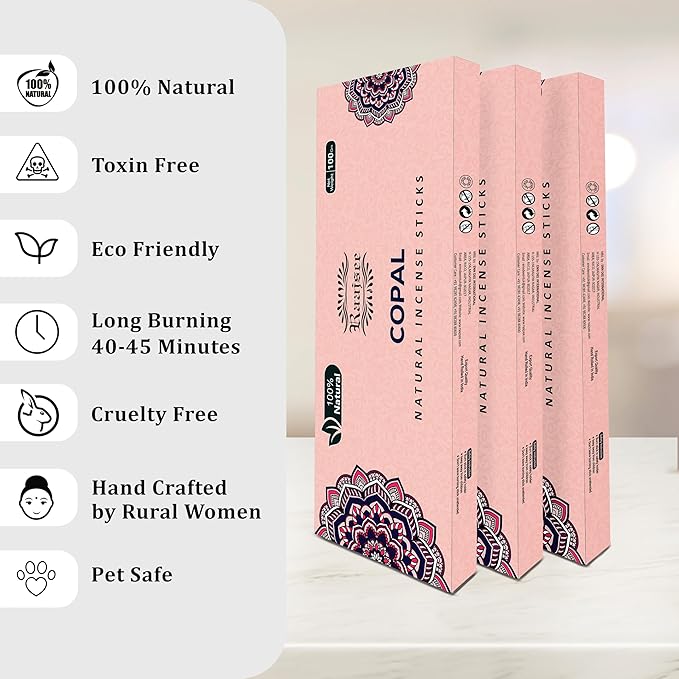 100% Natural Copal Incense Sticks 100 gm Pack, Charcoal Free –– Organic Non Toxic Insence Sticks, Made with Flowers - Meditation Gifts for Spiritual Cleansing