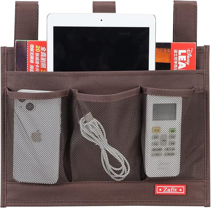 Hanging Bedside Caddy, Bedside Storage Organizer for Magazine, Phone, Remote control (Classic4 Pockets-Coffee)