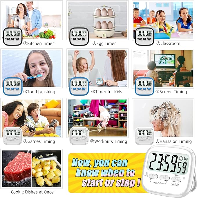 2-Pack Magnetic Kitchen Timers for Cooking, Digital Stop Watch Countdown Timer for Kids, Teachers, Classroom, Office, Exercise - Battery Included