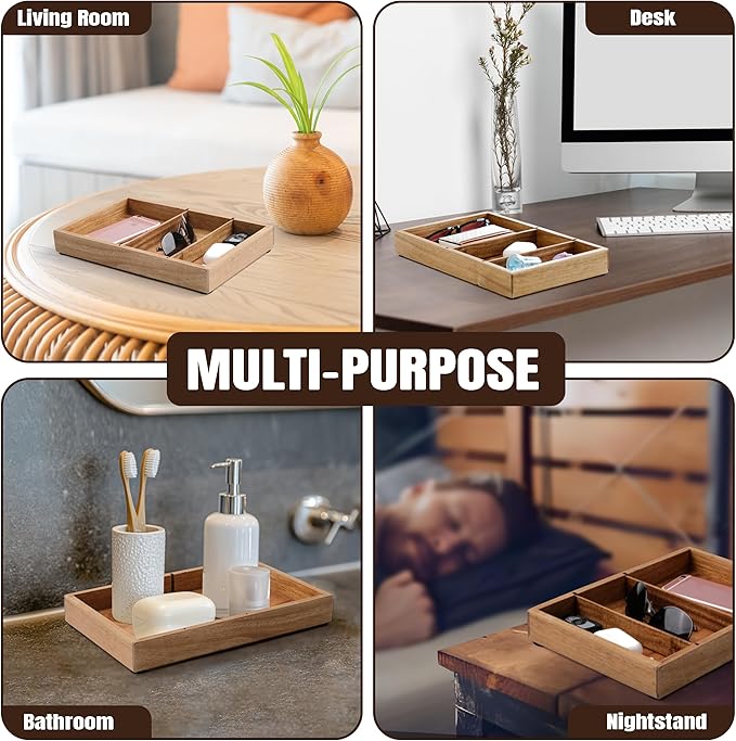 Wooden Valet Tray for Men – 12.2x7.9 in Acacia Catchall EDC Dump Tray with Removable Dividers, Nightstand Organizer for Keys, Wallet, Phone, Watch, Office Accessories