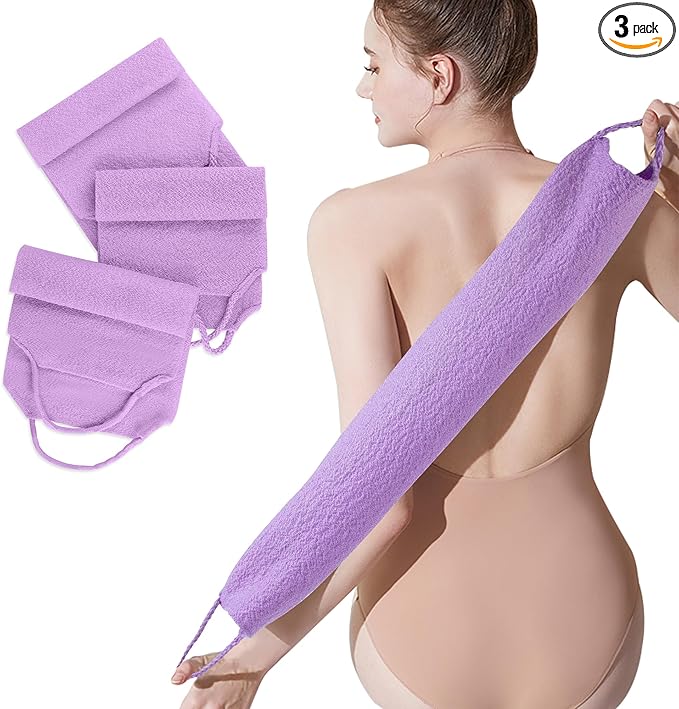 3 Pcs Double-Sided Back Exfoliator Body Scrub Towel, Exfoliating Back Scrubber with Handles,Exfoliating Washcloth Bath Tool in Shower, Stretchable Back Washer to Deep Cleans Skin (Purple)