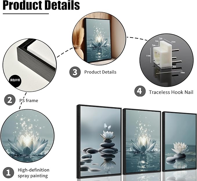 3Pcs Framed Zen Stones Lotus Spa Canvas Wall Art White Lotus Blooming on Stones Painting Picture Wall Decor Modern Spiritual Poster Print Artwork for Yoga Spa Meditation Spiritual Room Home Decoration