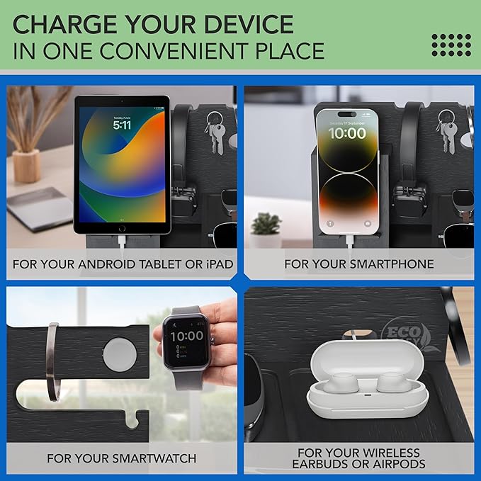 Nightstand Organizer- Bedside Docking Station for Men- Unique Gifts for Husband, Father or Dad from Wife, Son or Daughter- Desk Organizer for Phone, Watches, Wallet & Accessories (Black)