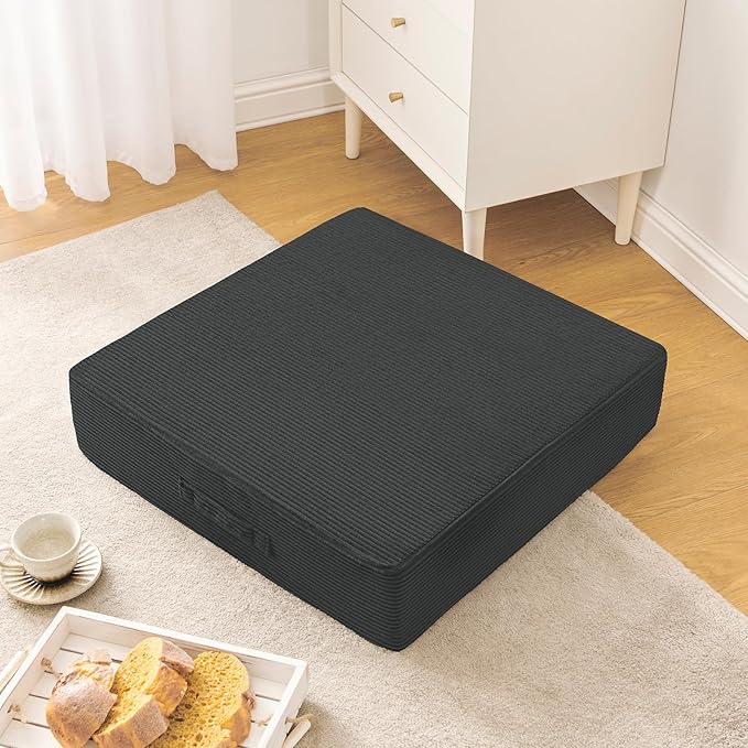Wellsin Solid Square Floor Pillows for Adults Kids - Large Meditation Floor Pillow Seating Cushion with Thick Foam & Washable Velvet Cover, 2 Pack, 22x22x5 Inch, Gray