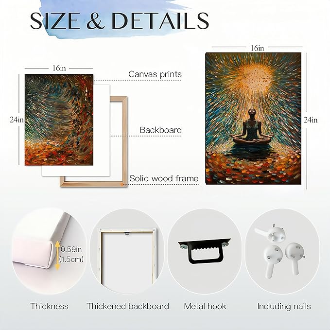 Framed Abstract Yoga Meditation Wall Art Set of 3Piece Canvas Poster Prints Painting, Vibrant Colorful Energy Flow, Tranquil Woman in Meditation for Home, Yoga Meditation Room,Office,Bedroom,16X24in