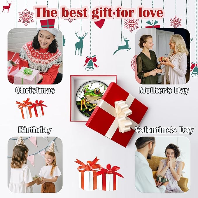 Stained Glass Window Hanging, Green Frog White Petals Sun Catchers Colorful Glass Panel Cute Suncatcher Decor for Birthday for Women, Men, Wife, Aunt, and Mom 9.8 in