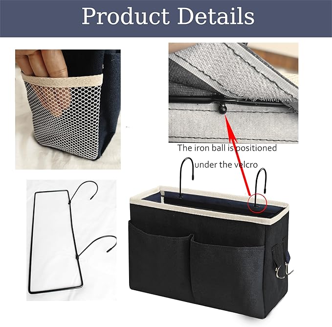 Bedside Caddy/Bedside Hanging Storage Bag Multi-Function Caddy for Bunk bed Hospital Beds Dorm Bed Rails, Holders Books Glasses Phones Magazine(2pc Black)