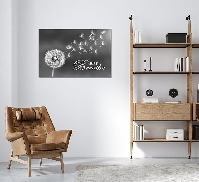 SKASNFAI Black and White Dandelion Zen Wall Art Canvas Just Breathe Motivation Positive Picture Art Print for Spa Yoga Meditation Wall Decor Ready to Hang (16L x 24W)