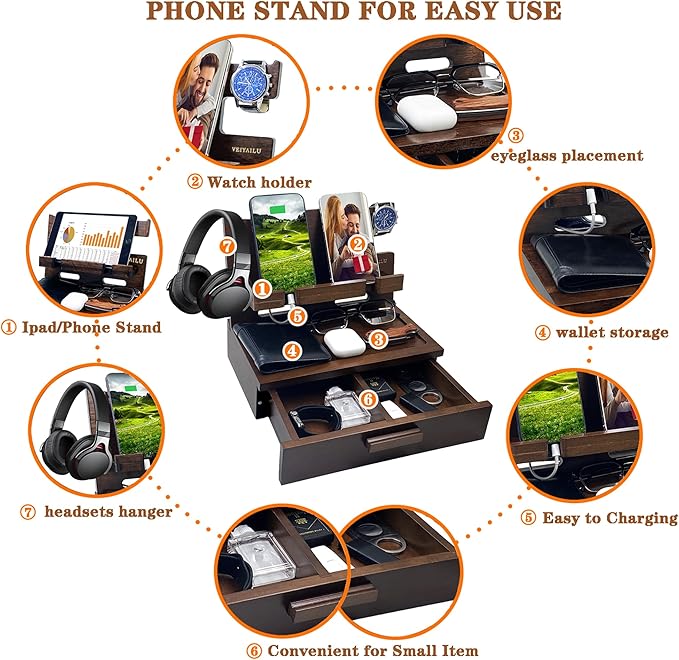 Gifts for Men Women Him Husband Son Boyfriend Birthday Nightstand Organizer Wood Phone Docking Station Birthday Gifts (Deep Walnut)