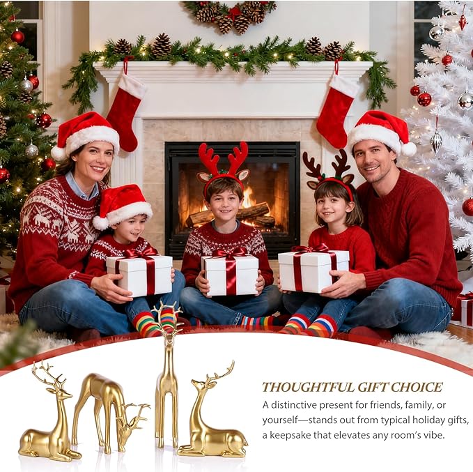 QIANLING 4Pcs Gold Reindeer Figurines Christmas Decorations - Elegant Resin Deer Statues for Tabletop, Mantel, or Shelf, Modern Gold Reindeer Sculpture Ornaments for Home Decor Idea
