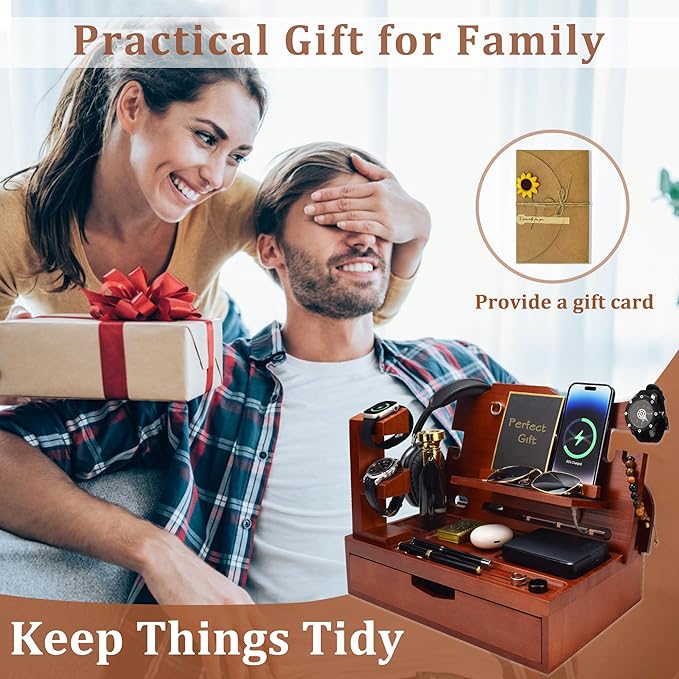 Nightstand Organizer for Men with Large Drawer, Birthday Gifts for Men, Phone Docking Station, Bedside Organizer for Nightstand for Apple Watch, Laptop (Walnut, Solid Wood)
