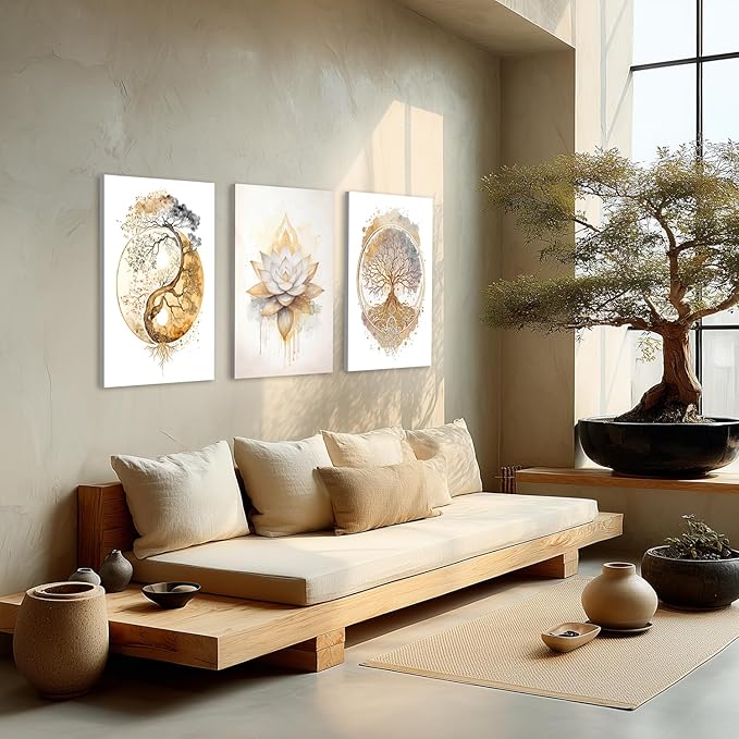 GELDSTEI Tree of Life Wall Art, Calming Zen Wall Decor, Abstract Yin Yang Tree Canvas Painting, Modern Gold Lotus Flower Meditation Poster Print for Living Room Yoga Room Bedroom Framed 12"x16"x3