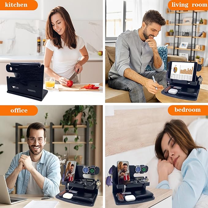 Gifts for Men Dad Women Husband Boyfriend Him Nightstand Organizer for Men Wood Phone Docking Station Birthday Gifts (Black)