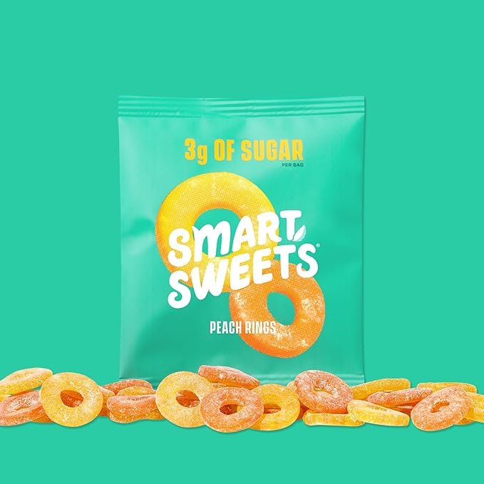 SmartSweets Peach Rings, Low Sugar Gummy Candy (3g), Low Calorie (130), Gluten-Free -1.8oz (Pack of 12) Packaging may vary