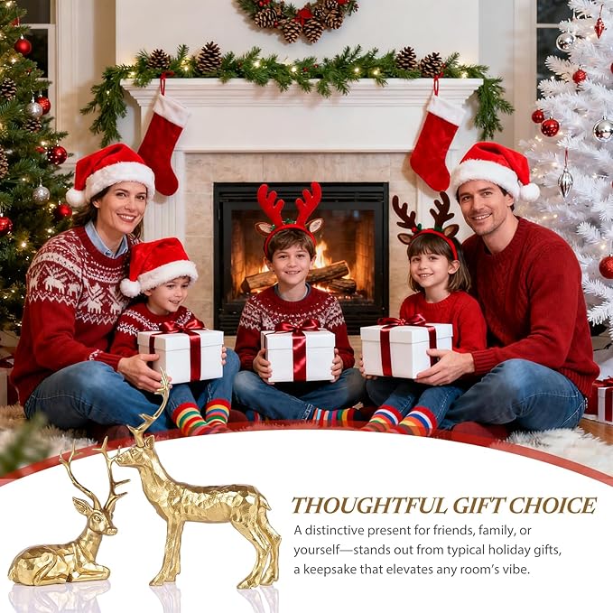 Set of 2 Gold Reindeer Christmas Decor Figurines - Handcrafted Resin Deer Statues for Tabletop Mantel or Shelf, Elegant Gold Reindeer Decor and Christmas Deer Figurines for Holiday Home Decoration