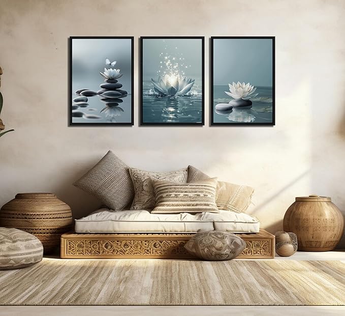 3Pcs Framed Zen Stones Lotus Spa Canvas Wall Art White Lotus Blooming on Stones Painting Picture Wall Decor Modern Spiritual Poster Print Artwork for Yoga Spa Meditation Spiritual Room Home Decoration