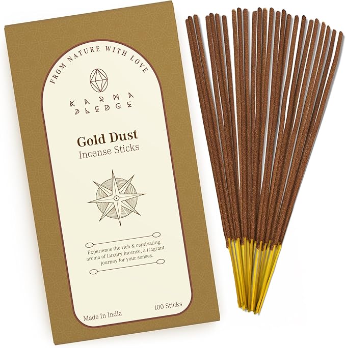 Gold Dust Incense Sticks, Organic Hand Dipped 100 Sticks with Natural Herbs & Aromatic Ingredients, Burn Time 45 to 60 Minutes, Incense for Positivity, Yoga, Meditation, Relaxation, Spiritual Gift