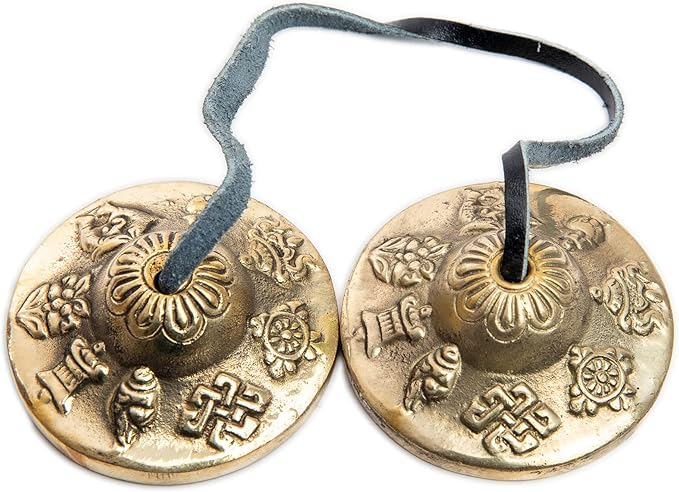 Tingsha Cymbals Bells - Easy To Play - Meditation Mindfulness Chime For Chakra Healing Spiritual Dharma Gifts Handcrafted Tibetan By Himalayan Bazaar (Asta Mangal)