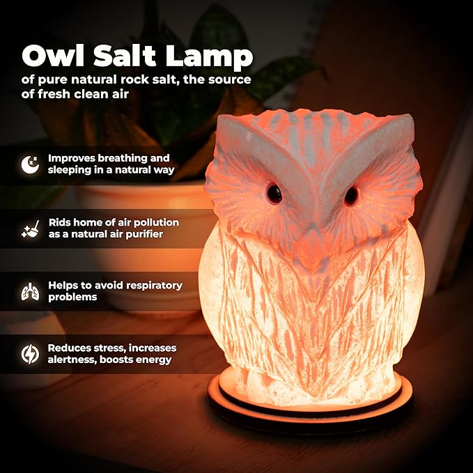 Owl Crystal Salt Lamp H 6.7โ, 4.4 lbs - Pure Natural Rock Salt โ Unique Night Light Lamp - 1 Light Bulb as a Gift - Wooden Present Box - Holiday Gift Ideas - Cool Room Dรฉcor