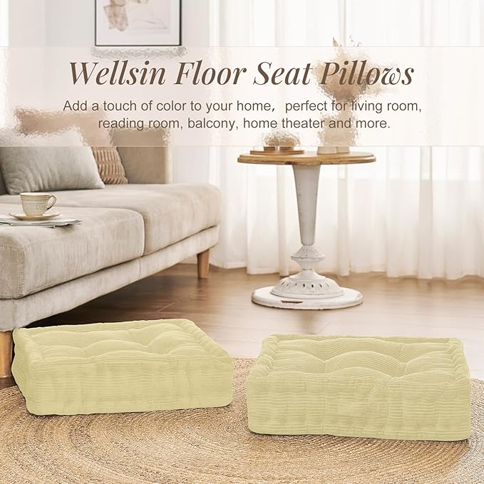 Wellsin Square Floor Pillows for Adults Kids - Meditation Floor Pillow Seating Cushion - Tufted Floor Cushion with Shredded Foam & Velvet Cover, 1 Pack, 20x20 Inch, Beige