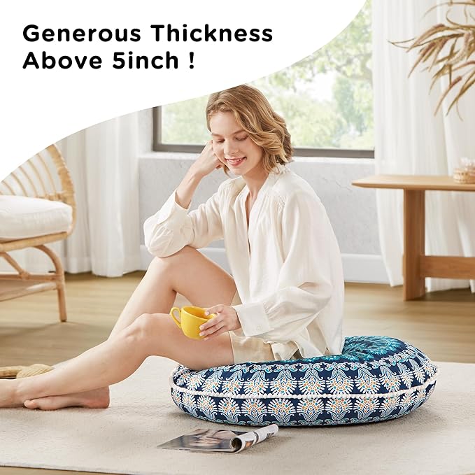 Codi Meditation Floor Pillow Set of 2, Round Large Pillows Seating for Adults, Bohemian Mandala Circle Cushion for Outdoor Fireplace Yoga Living Room, 32 Inch, Memory Foam Added, Navy