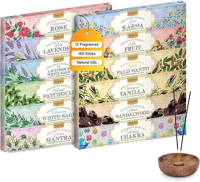 Tulasi Incense Sticks Set of 12 Scents (180 Sticks) Variety Natural Fragrances - Lavender, White Sage, Patchouli, Rose, Chakra, Mantra, Sandalwood, Palo Santo, Fruit for Positive Vibes, Thanks Giving