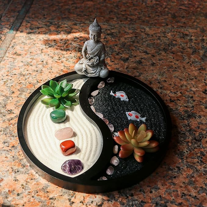 Buddha Meditation Zen Garden Kit - Home Office Tabletop Taiji Yin Yang Sand Garden Altar Zen Decor Zen Gifts DIY Mini Chakra Crystal Quartz Rock Garden w/ Nature Healing Stone Rake Tool