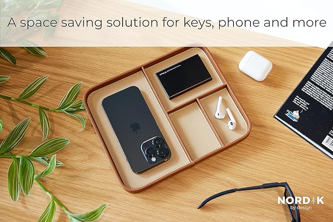Nordik Leather Valet Tray - Sand Brown - Premium Vegan Leather Stylish and Organised Nightstand Tray for Men - EDC Catchall Tray for Keys, Watch, Wallet, Jewellery - Modern Bedside Caddy