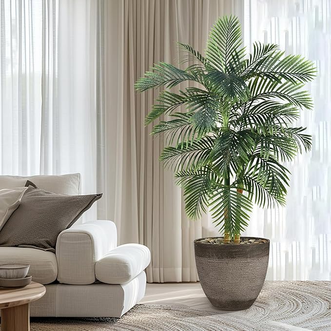 Artificial Palm Tree Indoor Plant 6FT Tall Fake Tropical Palm Tree in Pot with Real Bark Design Faux Areca Palm Tree for Home Office Living Room Bedroom Farmhouse Modern Outdoor Decor (22 leaves 6 FT)