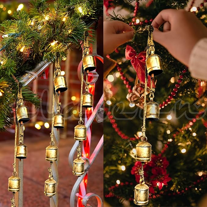 Rustic Decorative Bells Set of 2 - Giant Harmony Cow Bells Huge | Handmade Vintage Christmas Bells Golden Cowbell Country Style Jute Rope Hanging Bell Wall Decor (2X Harmony Bells 4"-6")
