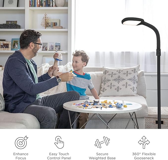 Verilux SmartLight Full Spectrum LED Modern Floor Lamp with Adjustable Brightness, Flexible Gooseneck and Easy Controls - Reduces Eye Strain and Fatigue - Ideal for Reading, Artists, Craft (Black)