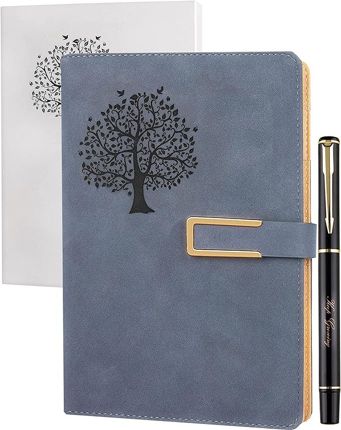 Fanery sue Tree of Life Refillable Writing Journal for Women&Men Faux Leather Hardcover Notebook A5 College Ruled 200 Lined Pages Lay-Flat Personal Diary with Pen&Magnetic Buckle (Tree of Life-Blue)