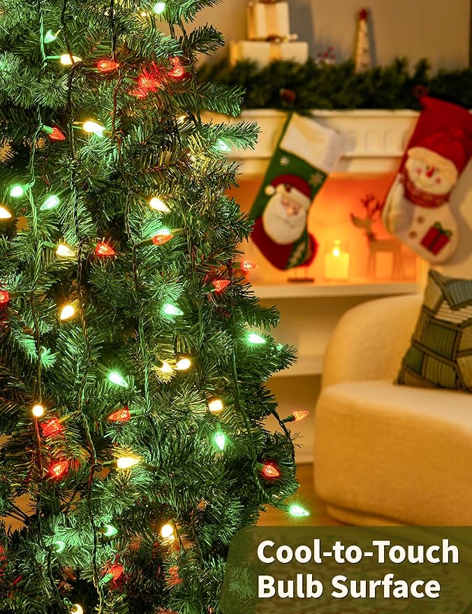 BOHON Red White and Green Christmas Lights, Faceted C6 17ft 50 LED String Lights Plug in, Extendable Green Wire Mini String Lights for Outdoor Indoor Xmas Tree Decoration Waterproof