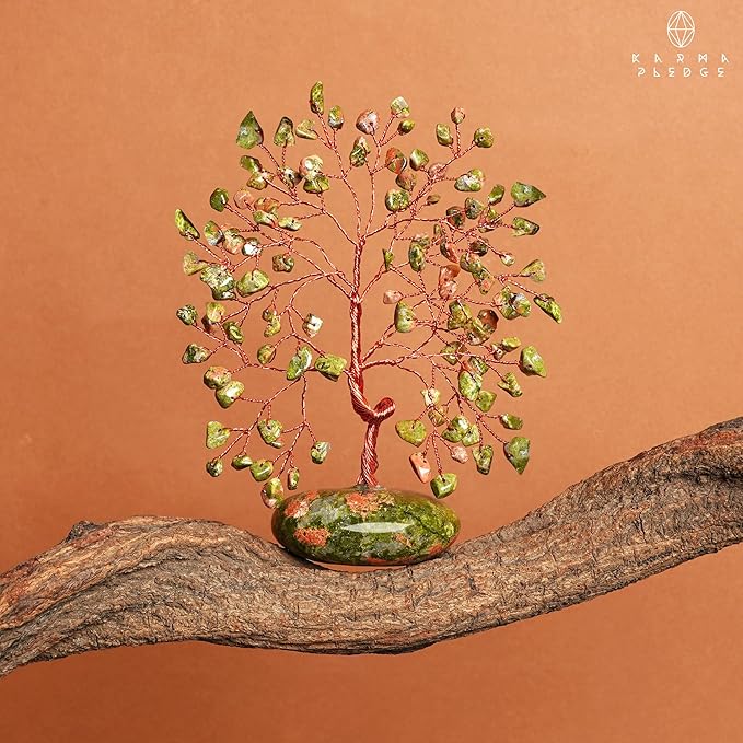 KARMAPLEDGE Crystal Tree of Life Home and Office Feng Shui Decor, Unakite Healing Crystal Handmade Bonsai Tree for Positive Energy, Good Luck, Money, Christmas Decor, Birthday Gifts for Women, Mom