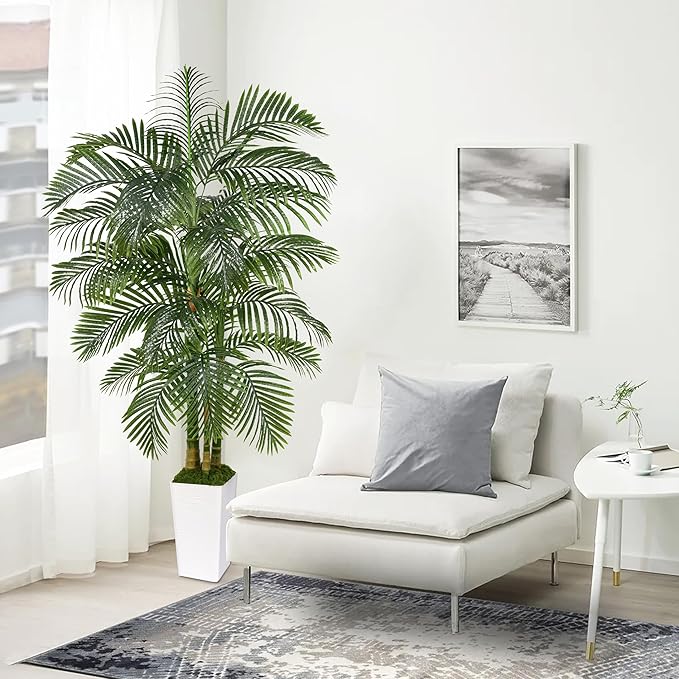 Artificial Golden Cane Palm Tree 7FT, Fake Palm Tree with Three Realistic Trunks and Lifelike Palm Leaves, Faux Palm Plant for Indoor Home Décor with White Planter