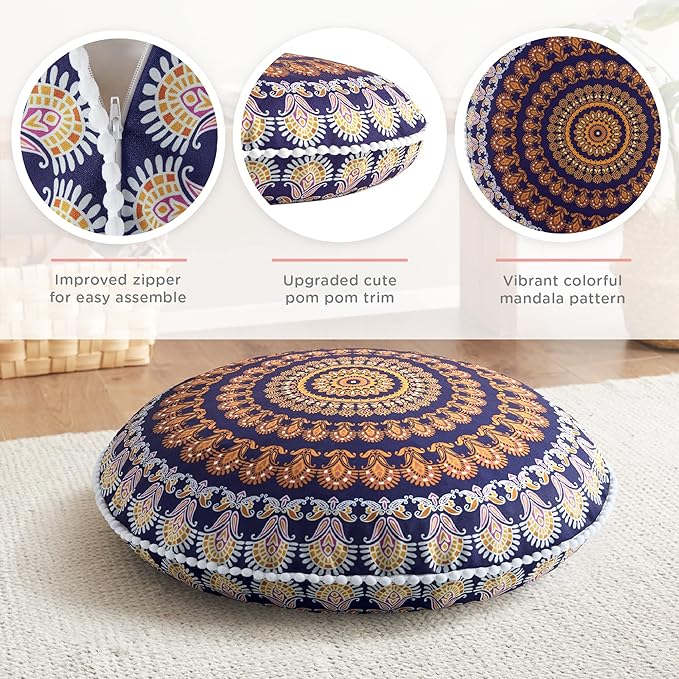 Codi Floor Pillows for Sitting Set of 2, Large Meditation Cushions for Adults with Memory Foam, Bohemian Mandala Round Seating for Outdoor Yoga and Living Room, Washable,32 Inch, Yellow