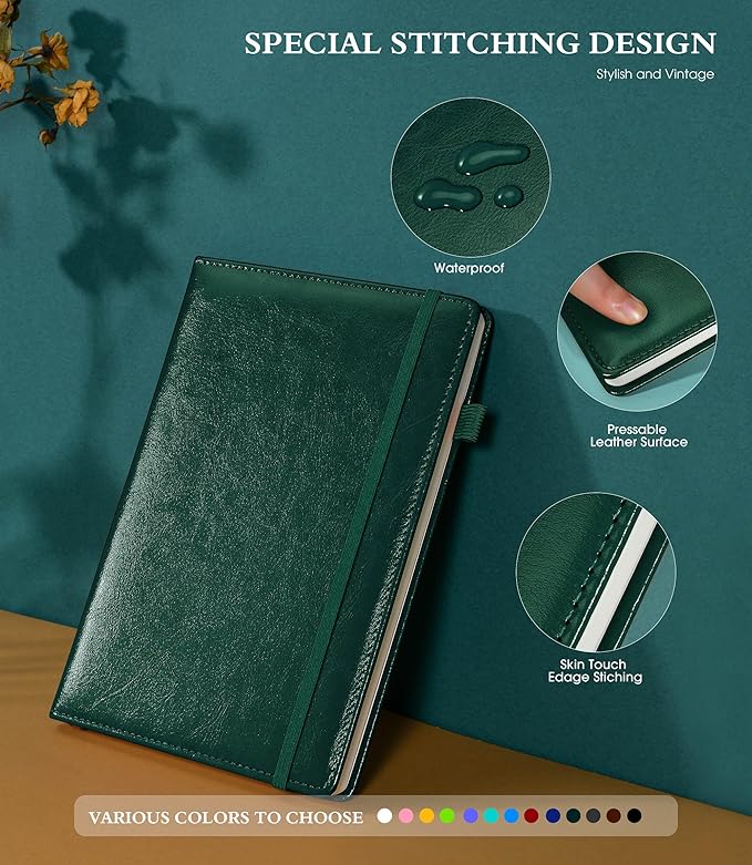 Lined Journal Notebook for Writing, A5 100 GSM Thick Paper, Leather Hardcover Journal for Woman Men, Travel Journal Diary 160 Pages(5.75'' X 8.38'' Darkgreen)
