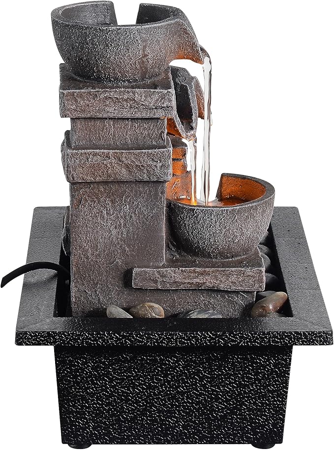 Indoor Fountain 3-Bowl Rockery Soothing Sound Tabletop Fountains Home/Office Decor with Natural River Rocks LED Lights Automatic Watering Pump(22044A)