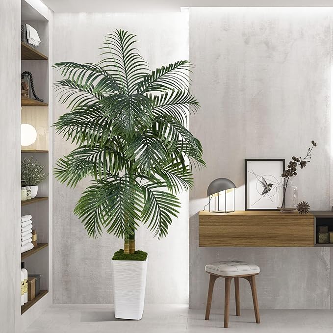 Artificial Palm Tree Indoor Plant Tall Fake Tropical Palm Tree in Pot with Real Bark Design Faux Areca Palm Tree for Home Office Living Room Bedroom Farmhouse Modern Outdoor Decor (21 Leaves 6 FT)